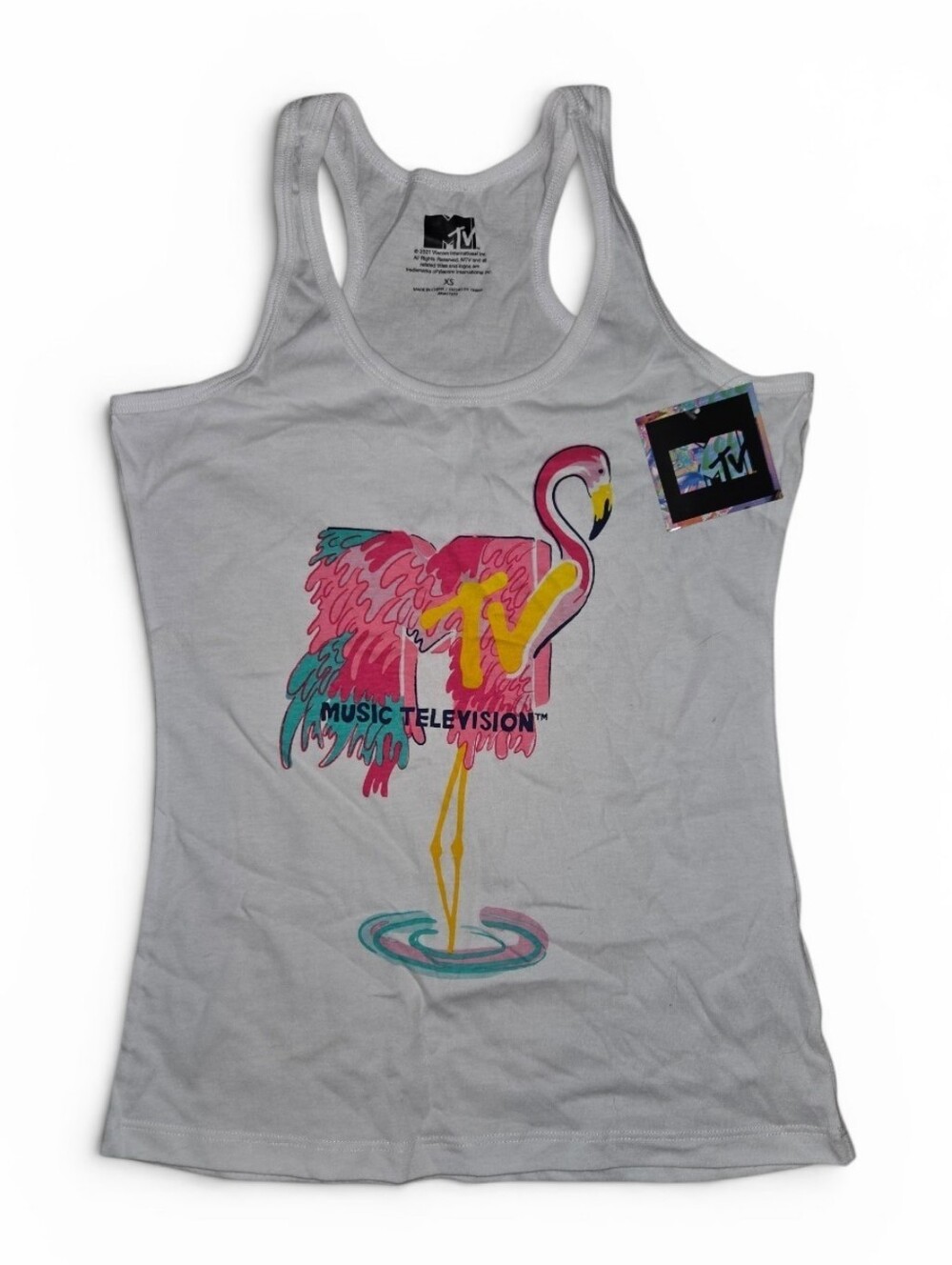 MTV Retro Flamingo Logo Graphic Racerback Tank Top Bright White XS NWT